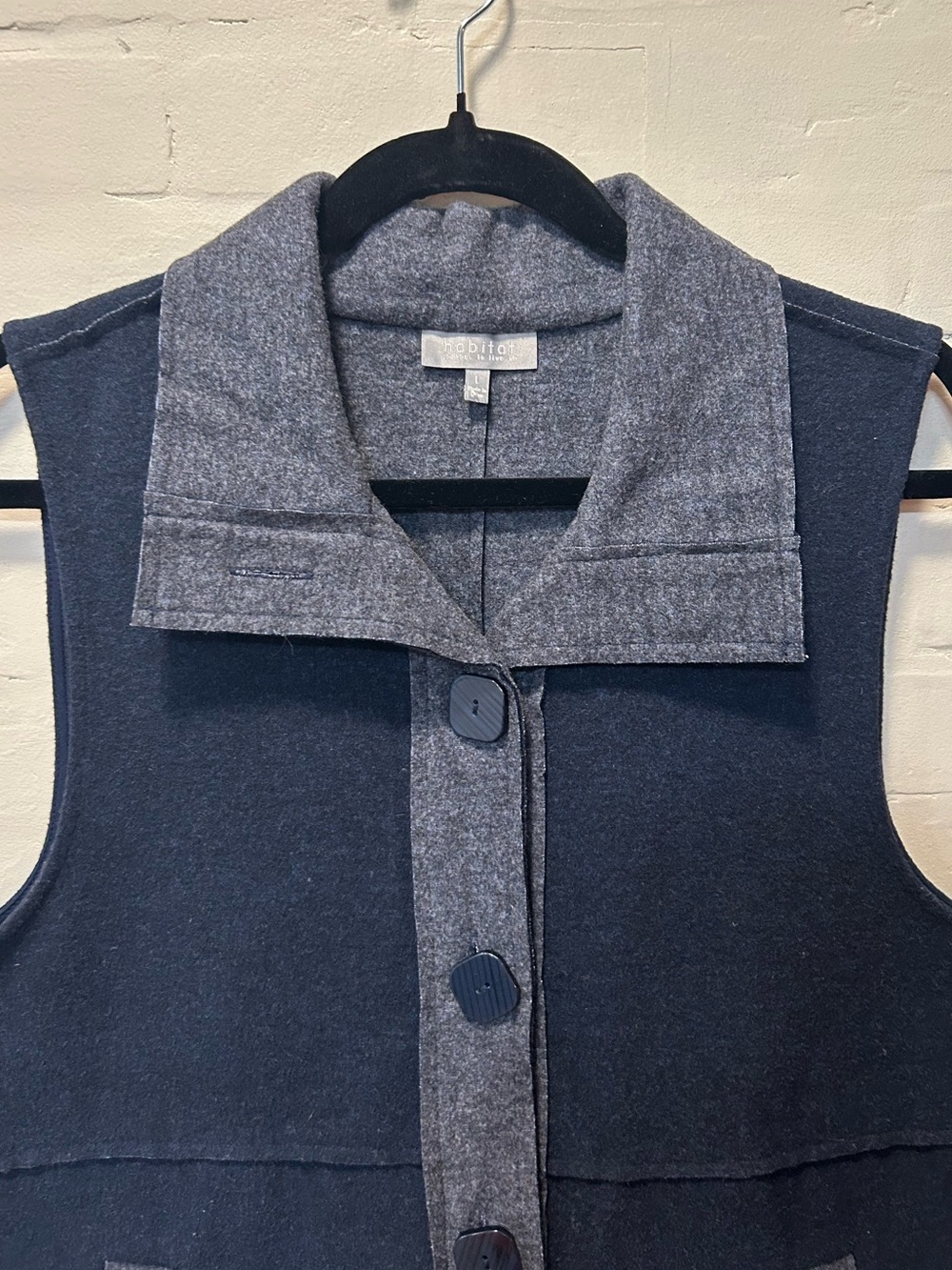 Habitat Navy Gray Contrast Button Front Vest Size L Lagenlook Artsy Scandinavian - Picture 3 of 9